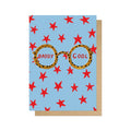 Greeting card with glasses and red stars on a blue background