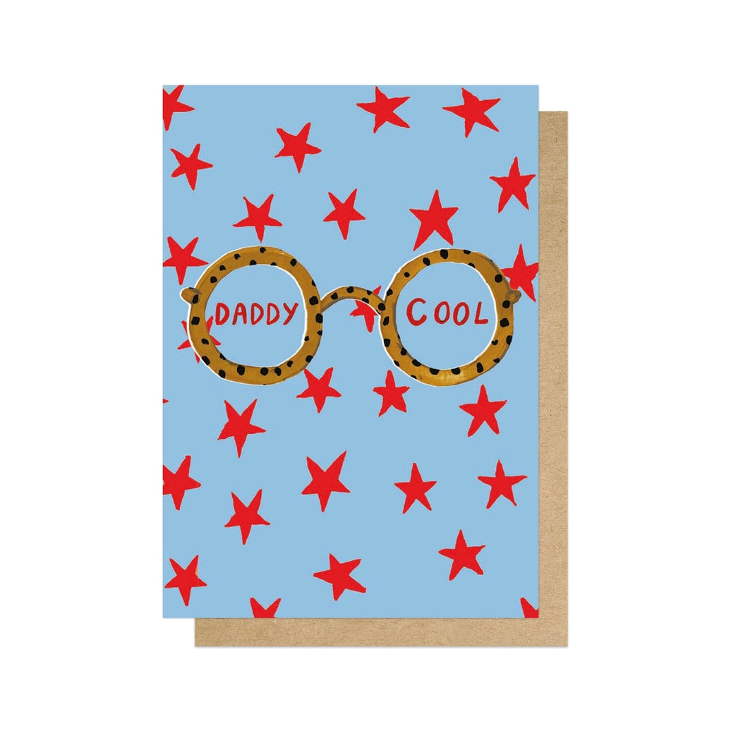 Greeting card with glasses and red stars on a blue background