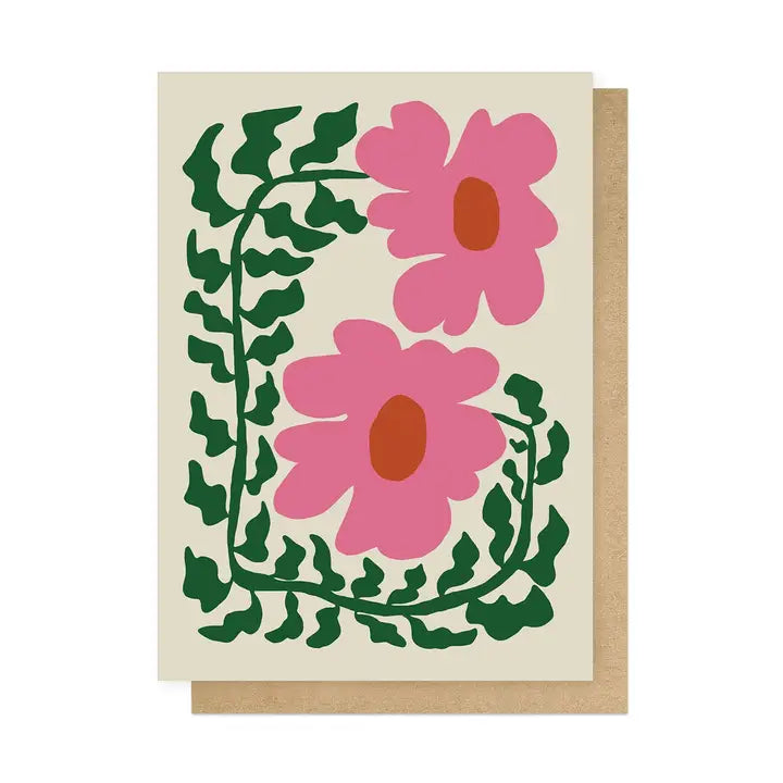 Card with pink flowers and green leaves on a beige background