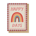 Greeting card with rainbow and 'Happy Days' text on a striped border