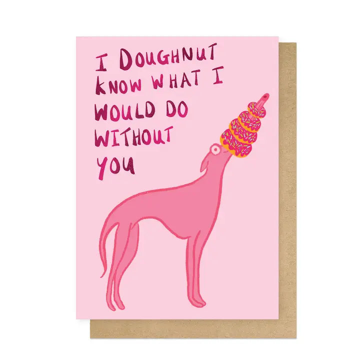 Card with a pink dog holding an ice cream cone and text on a pink background