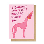 Card with a pink dog holding an ice cream cone and text on a pink background