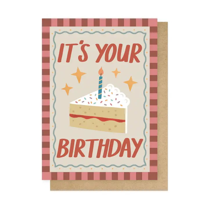 Birthday card with cake illustration and text on a white background