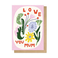 Greeting card with floral design and 'Love You Mum' text on a pink background