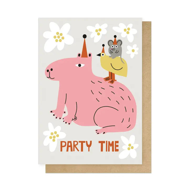 Card with a pink animal, yellow bird, and gray mouse illustration with 'Party Time' text.