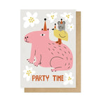 Card with a pink animal, yellow bird, and gray mouse illustration with 'Party Time' text.