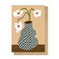 Greeting card with a checkered vase and flowers on a beige background