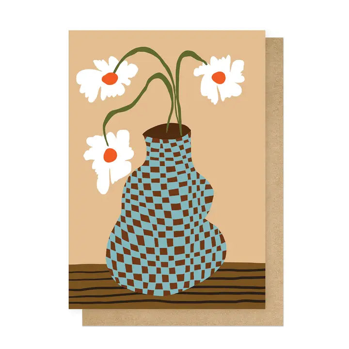 Greeting card with a checkered vase and flowers on a beige background