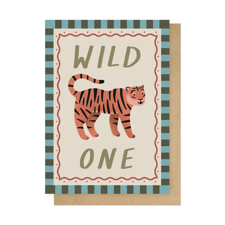 Greeting card with a tiger illustration and 'Wild One' text on a striped background