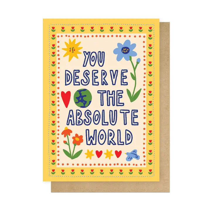 Greeting card with colorful text and illustrations on a white background