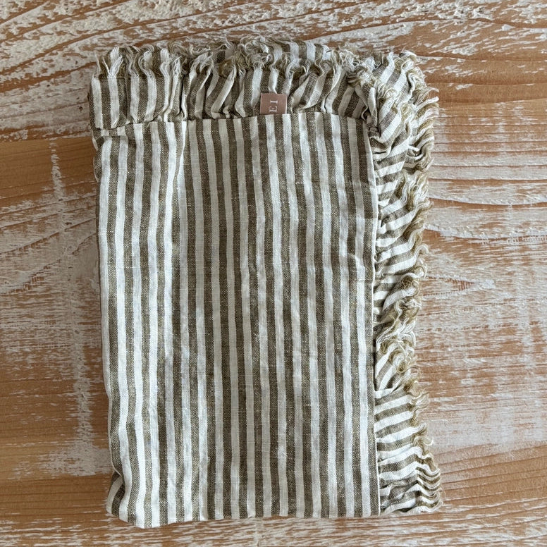 Ellenvale 100% Linen Ruffle Table Runner in Olive Stripe