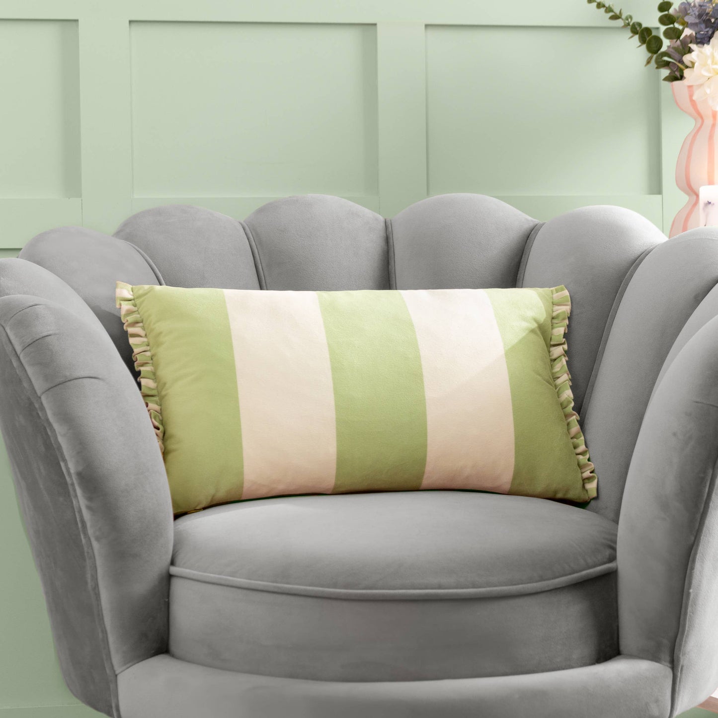 Fern Araya Striped Velvet Cushion Green & Pink
