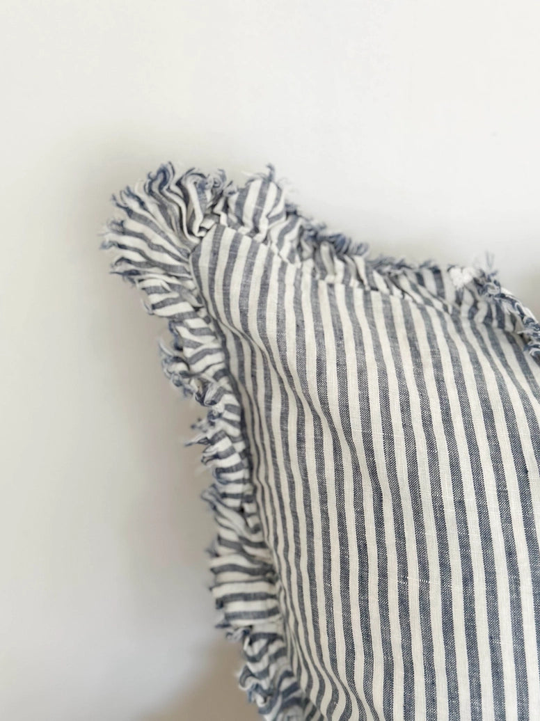 Ellenvale Ruffled Edge Hallie Ruffled Linen Cushion Navy Stripe 45 x 45cm