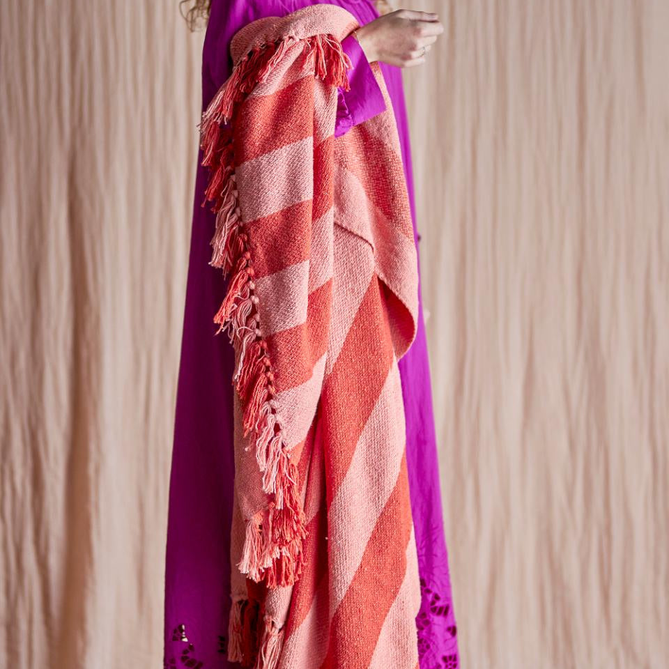 Bloomingville Frello Striped Recycled Cotton Throw Blanket in Pink and Red