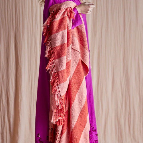 Bloomingville Frello Striped Recycled Cotton Throw Blanket in Pink and Red
