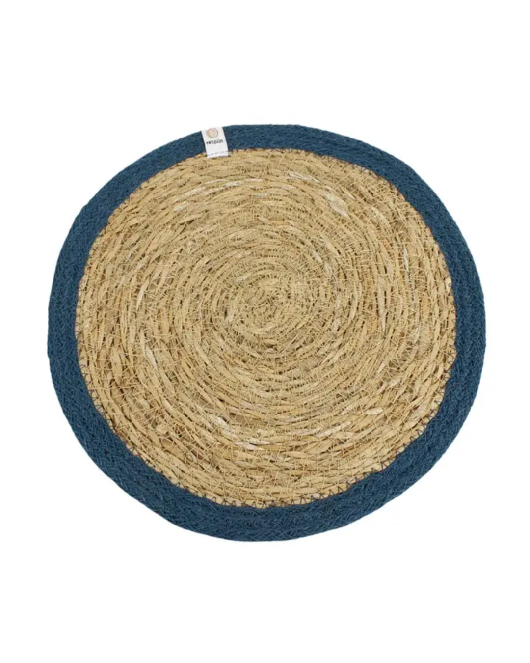 Round woven mat with blue border on a white background