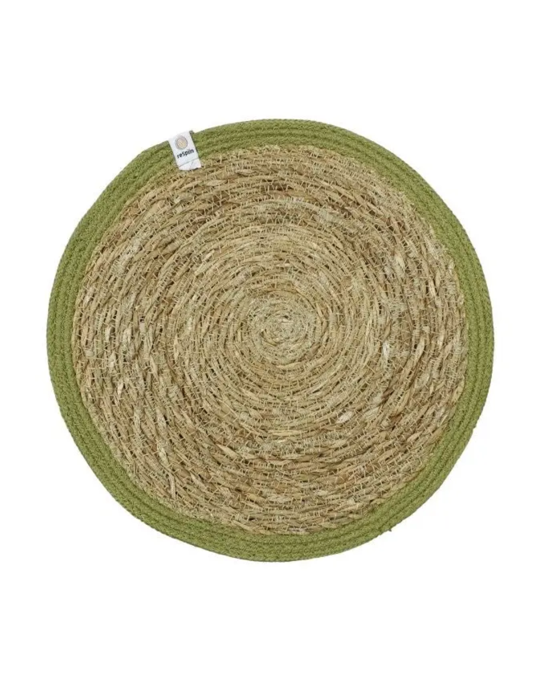Round woven mat with a green border on a white background