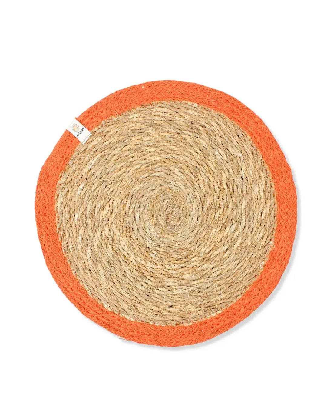 Round woven mat with orange border on a white background