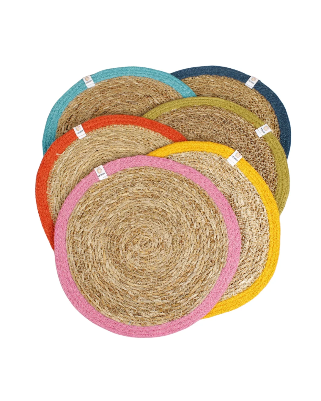 Set of round woven placemats in various colors on a white background