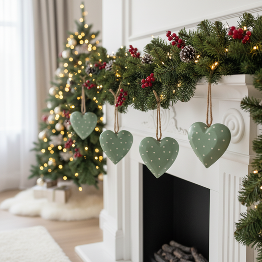 Green heart-shaped ornament with white polka dots on a garland