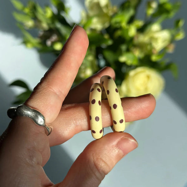 Kalei Polymer Clay Circle Earrings in Butter Yellow or Pale Blue Polkadot
