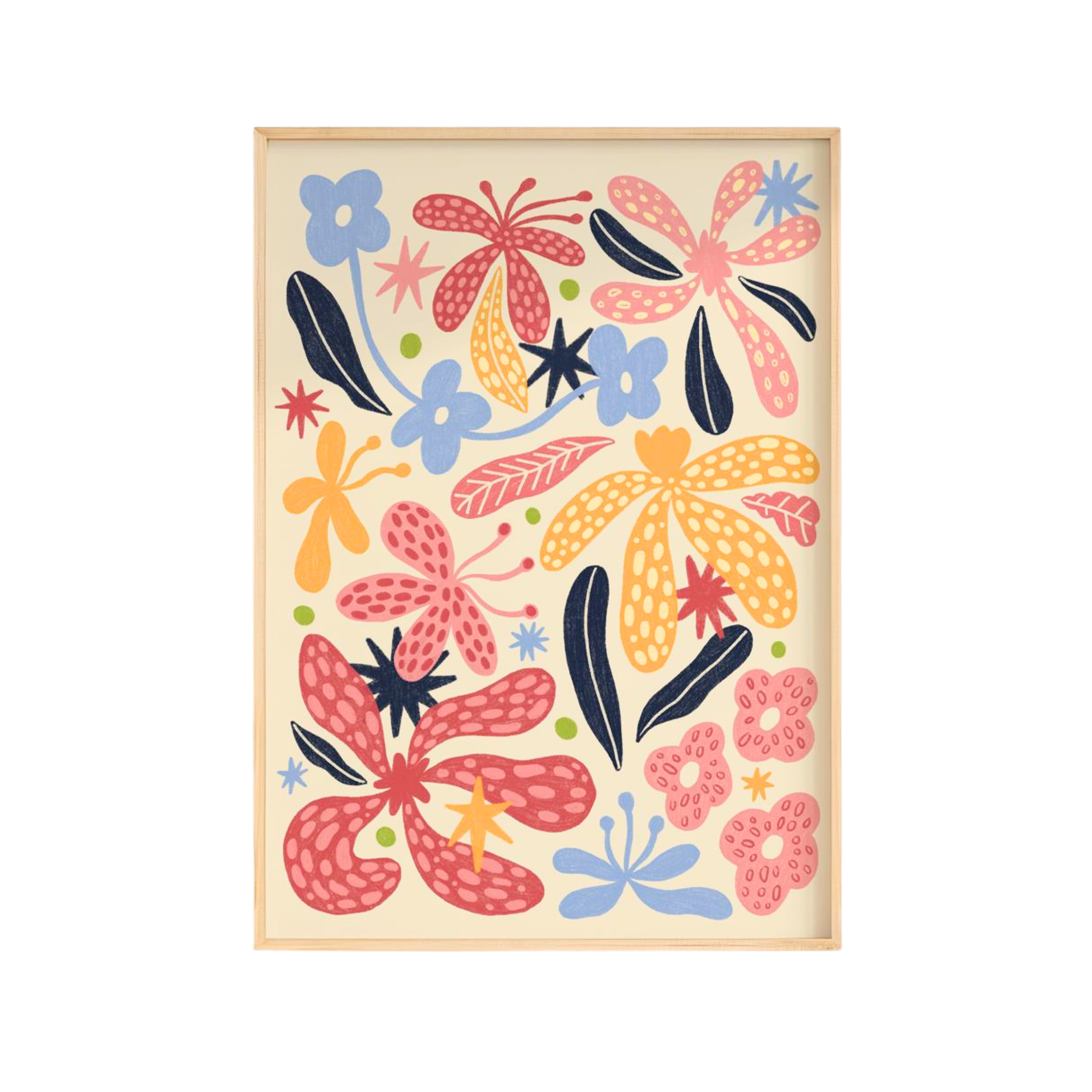 Colourful floral pattern wall print with a white background