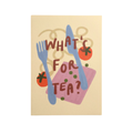 Wall print with cutlery and text 'What's For Tea?' on a beige background