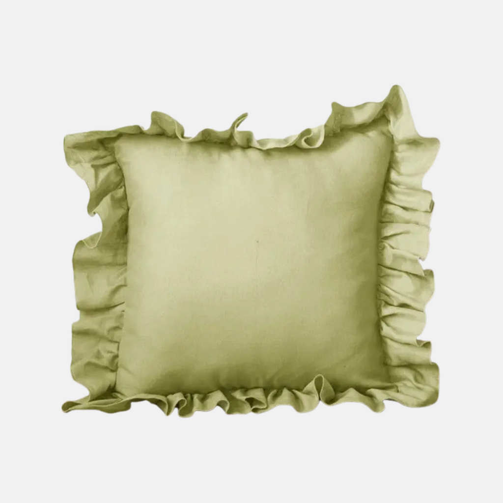 An olive green square decorative pillow with ruffled trim on all sides, shown against a plain light gray background.