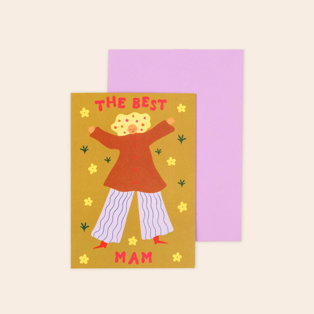 Greeting card with illustration of a person wearing a coat and pants, with 'The Best Mam' text on a yellow background.