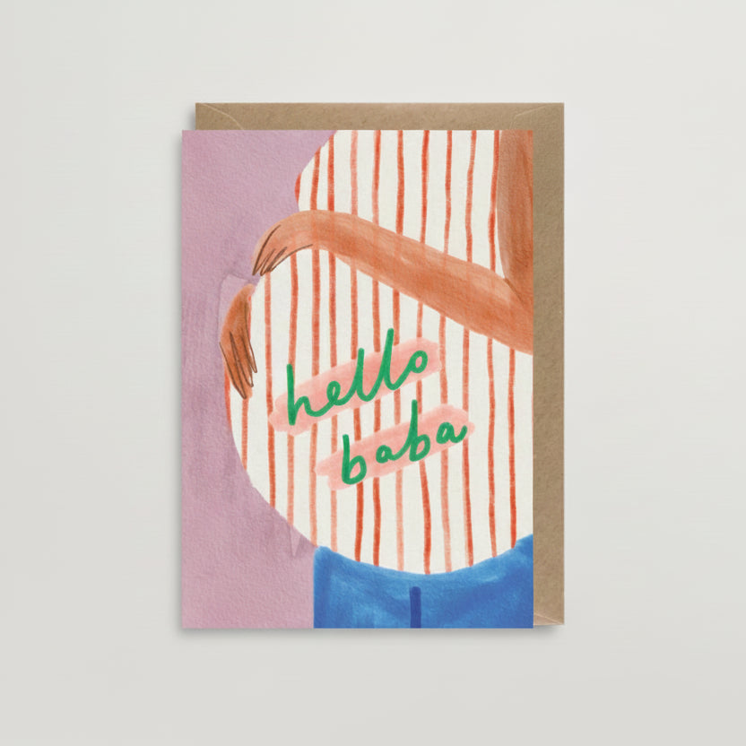 Greeting card with 'hello baba' text and artistic illustration on a white background