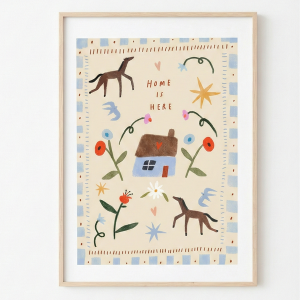 Framed artwork with illustrations of a house, animals, and flowers on a beige background.