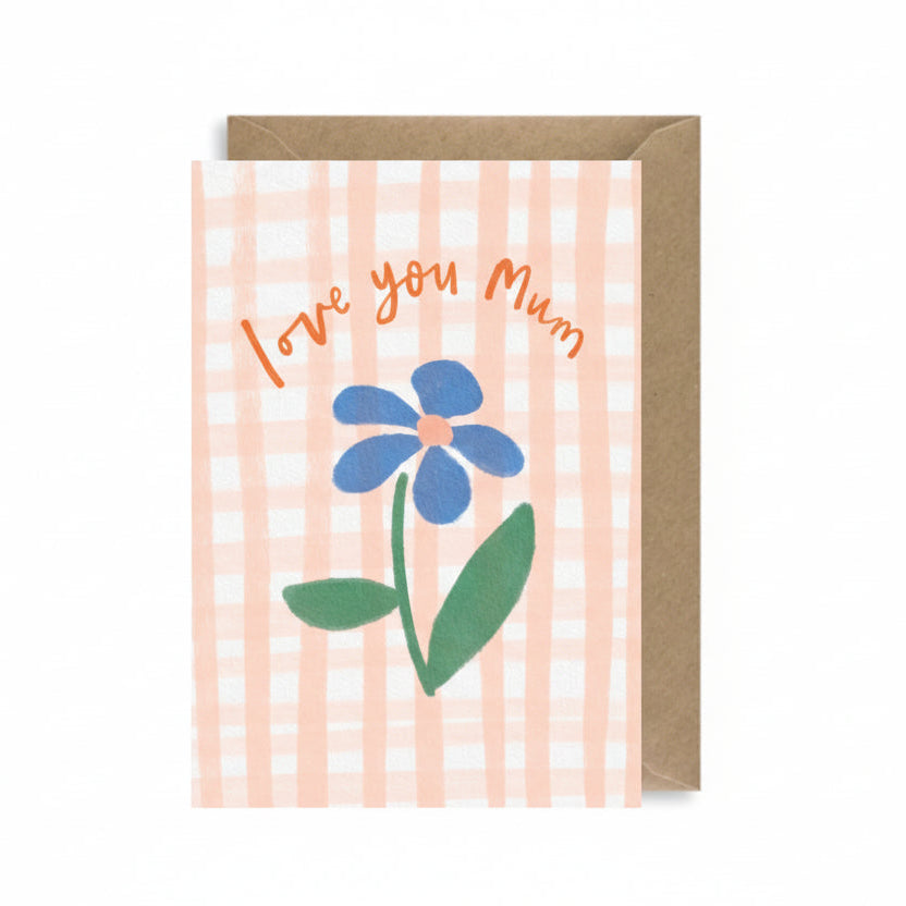 Greeting card with blue flower and 'Love you Mum' text on a striped background