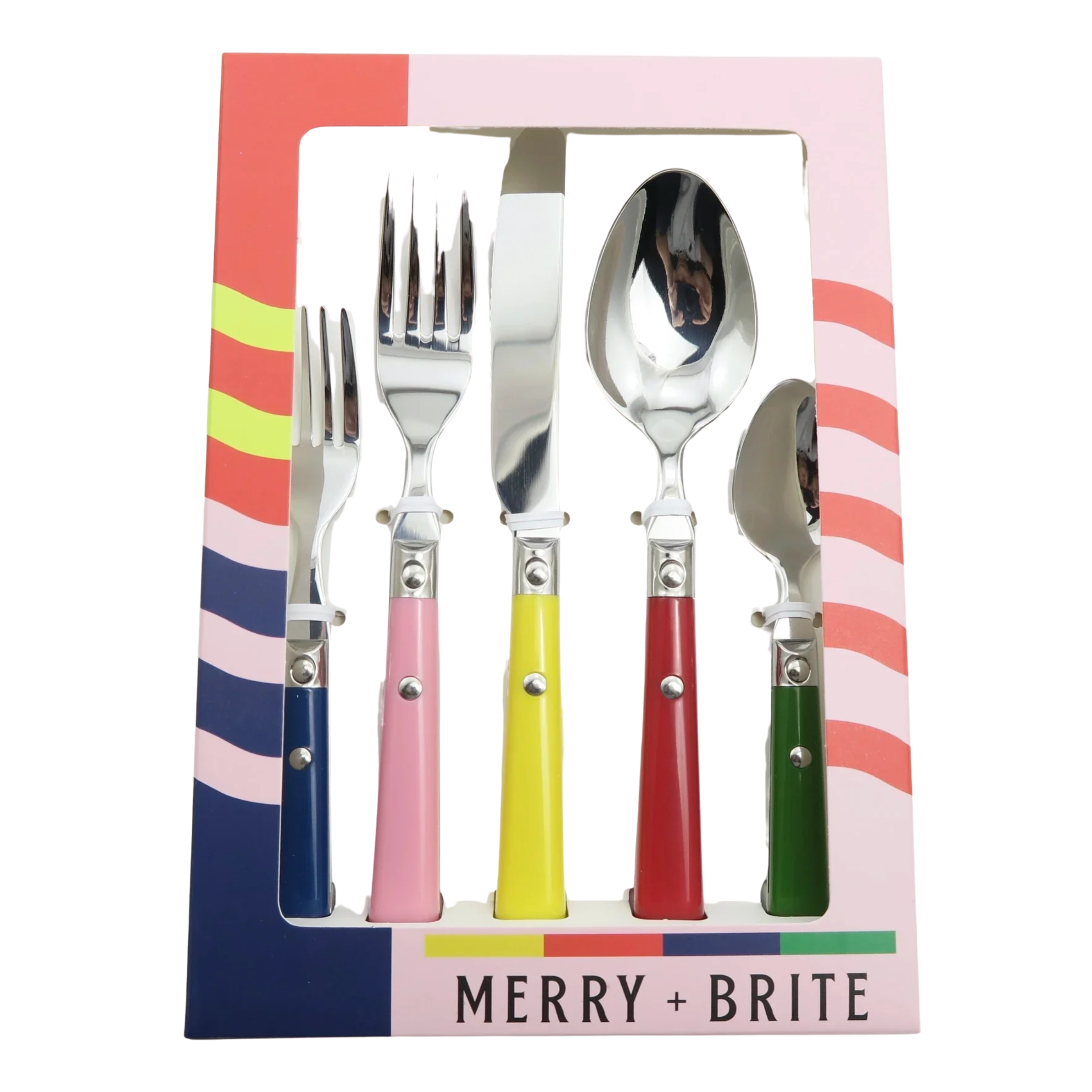 Colorful cutlery set in a 'Merry + Brite' branded box
