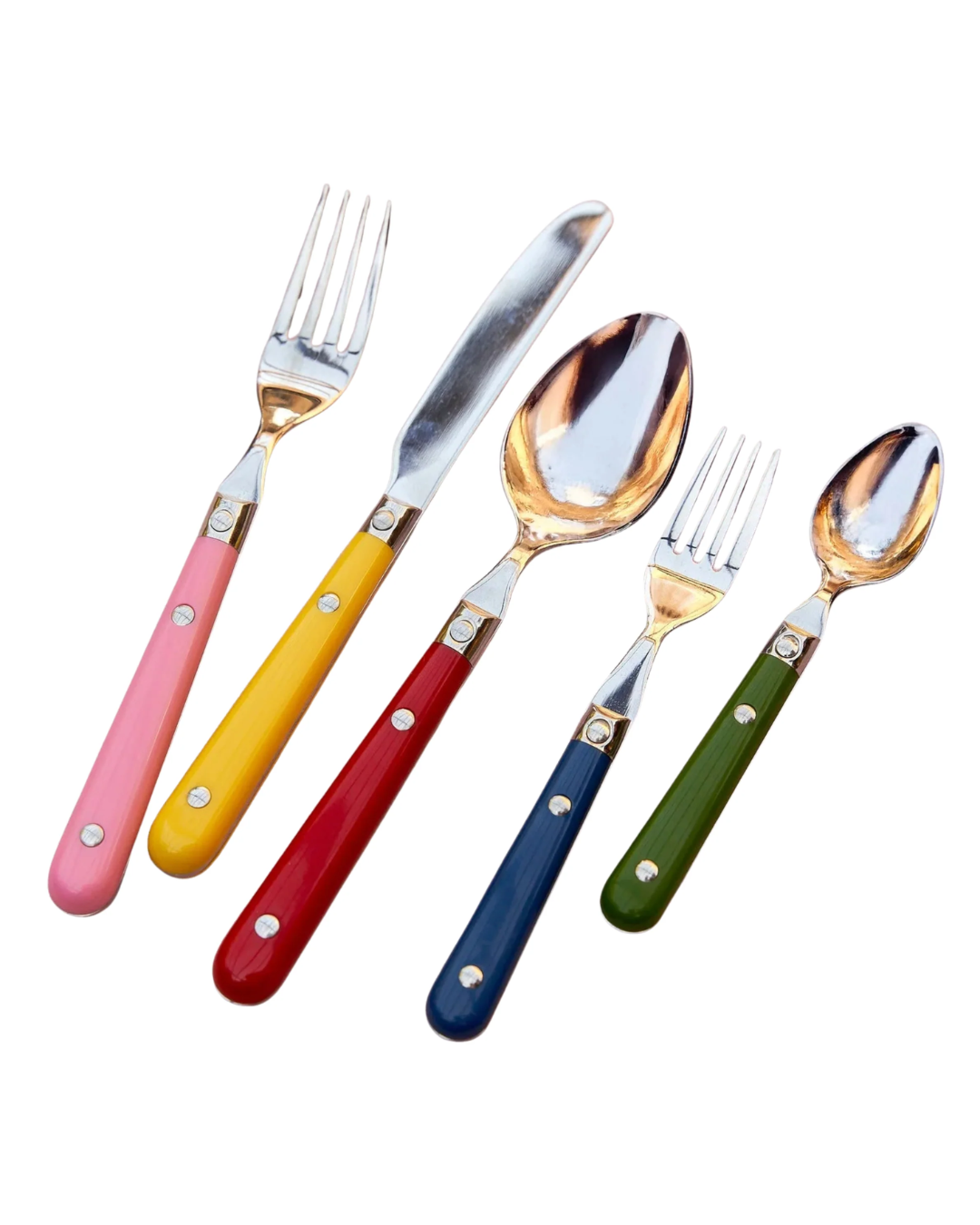 Set of colorful cutlery with pink, yellow, red, blue, and green handles on a white background.