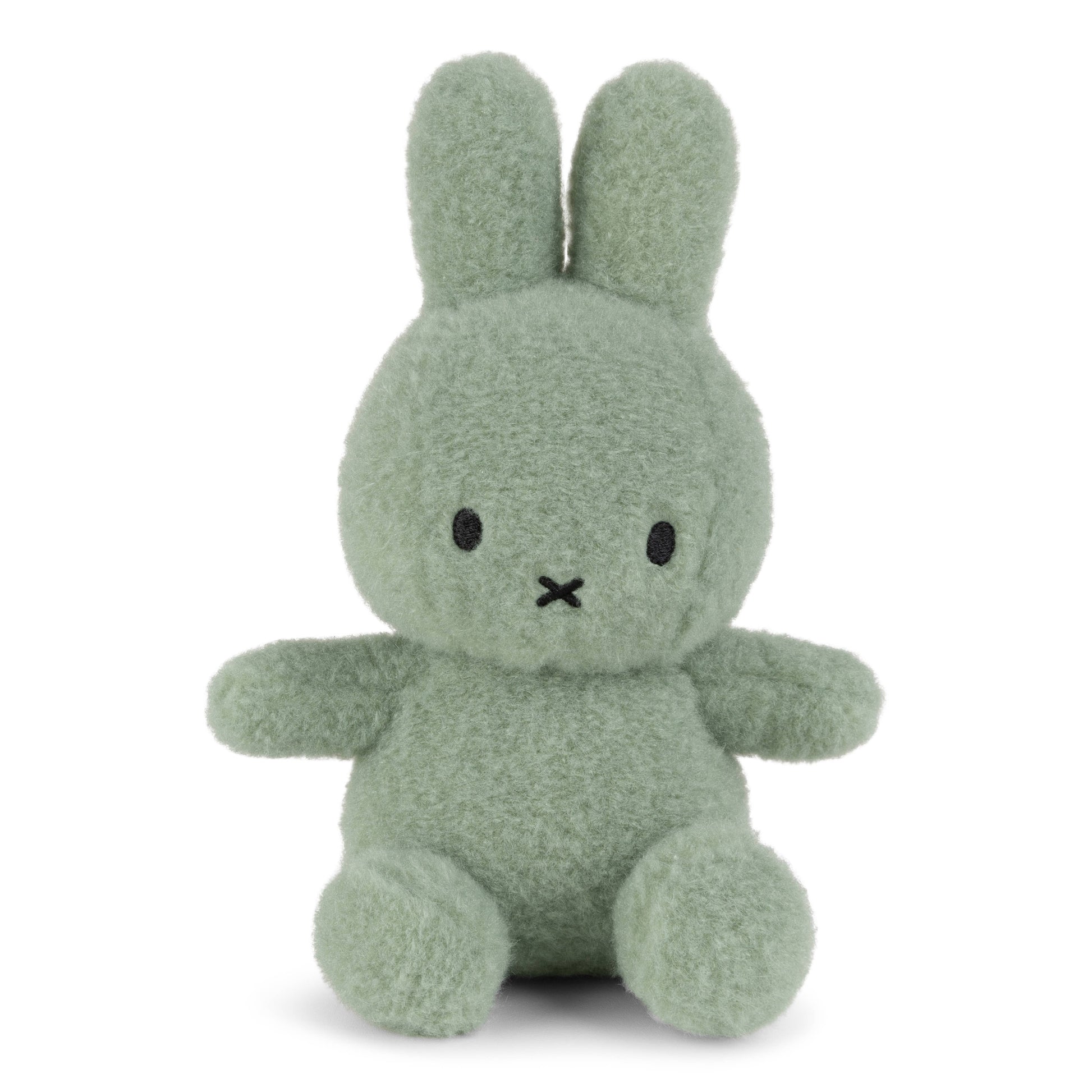 Green plush bunny toy on a white background