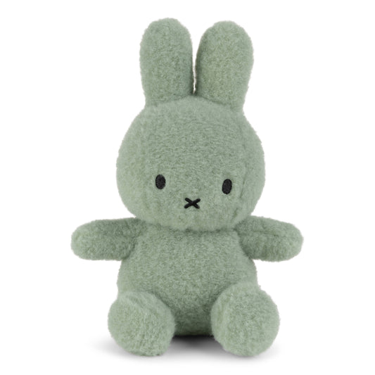 Green plush bunny toy on a white background