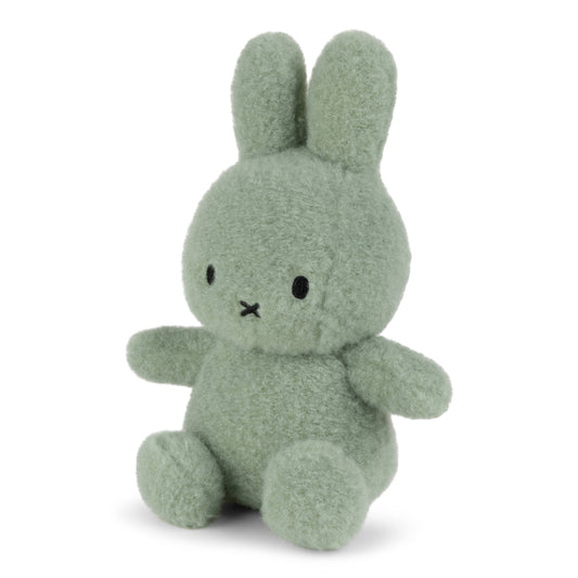 Green plush bunny toy on a white background