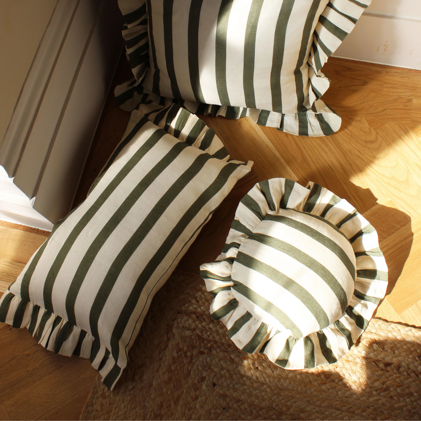 Amuse La Bouche Olive & Ivory Thin Stripe Round Cushion