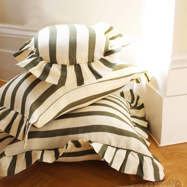 Amuse La Bouche Olive & Ivory Thin Stripe Round Cushion