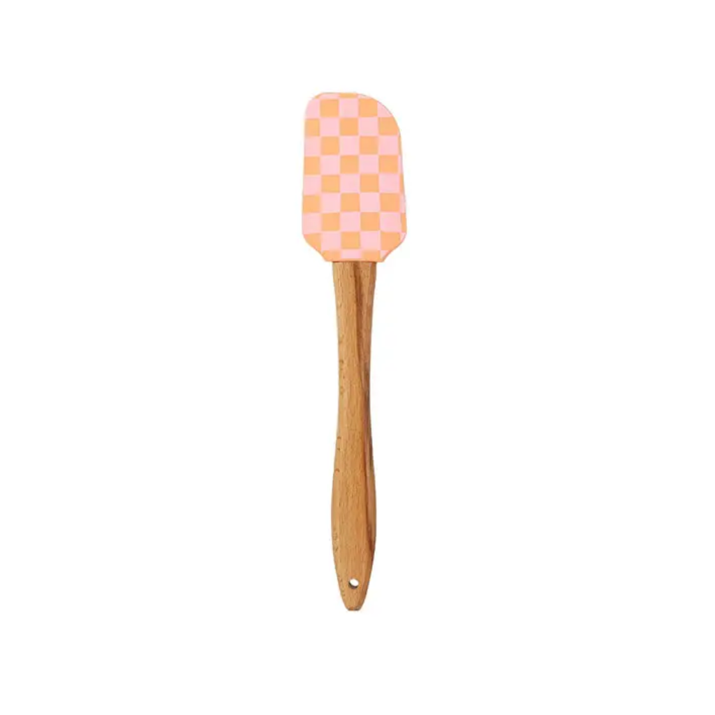 Checkered spatula with wooden handle on a white background