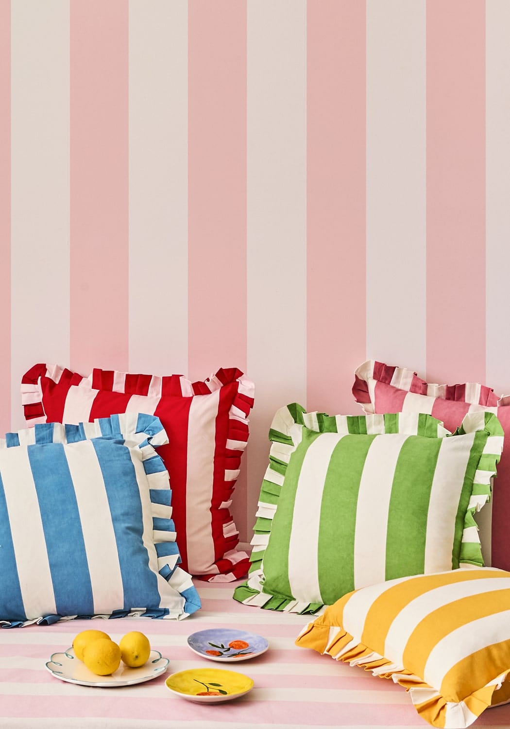 Casa Red Cabana Stripe Ruffled Cushion Cover