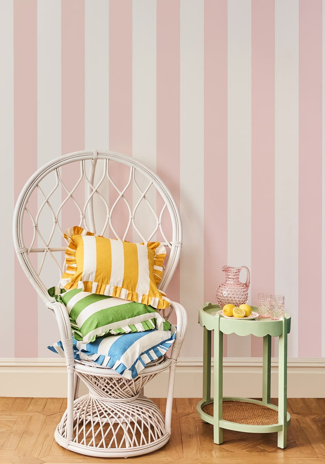 Casa Green Cabana Stripe Ruffled Cushion Cover
