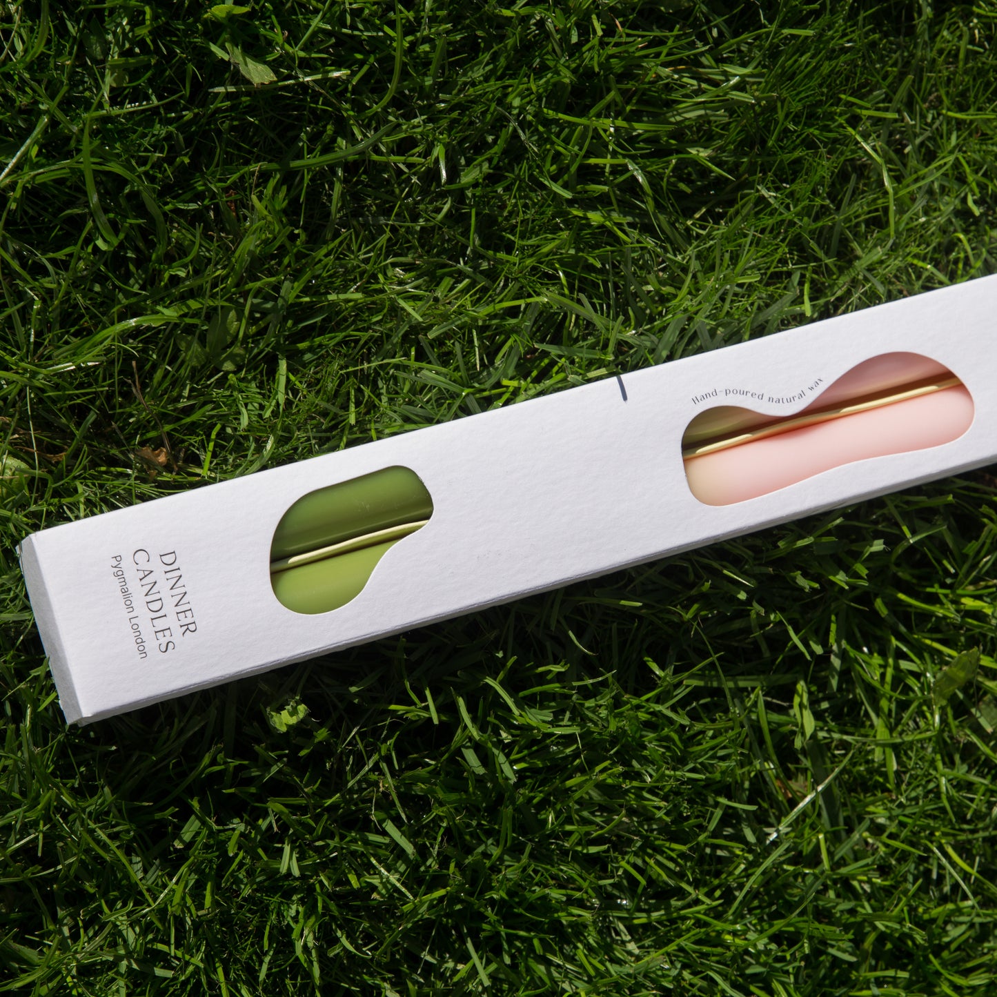 green and pink ombre dinner candles displayed in a white packaging with windows to the candles. displayed lying on the grass 
