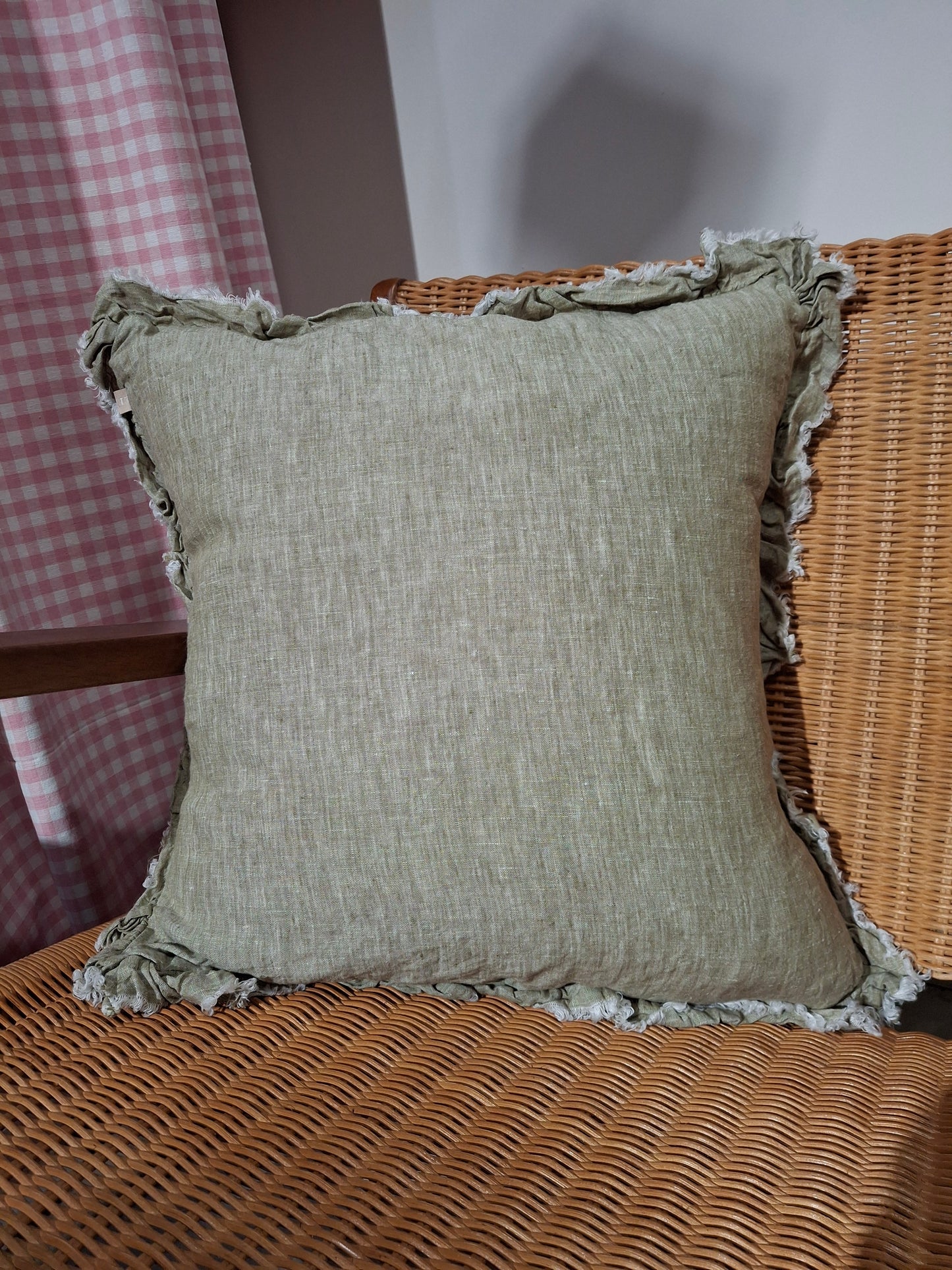 Ellenvale Hallie Ruffled Linen Cushion in Olive Green