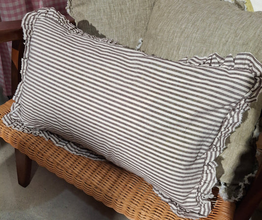 Hallie Ruffled Linen Cushion Brown Stripe with Duck Feather Inner