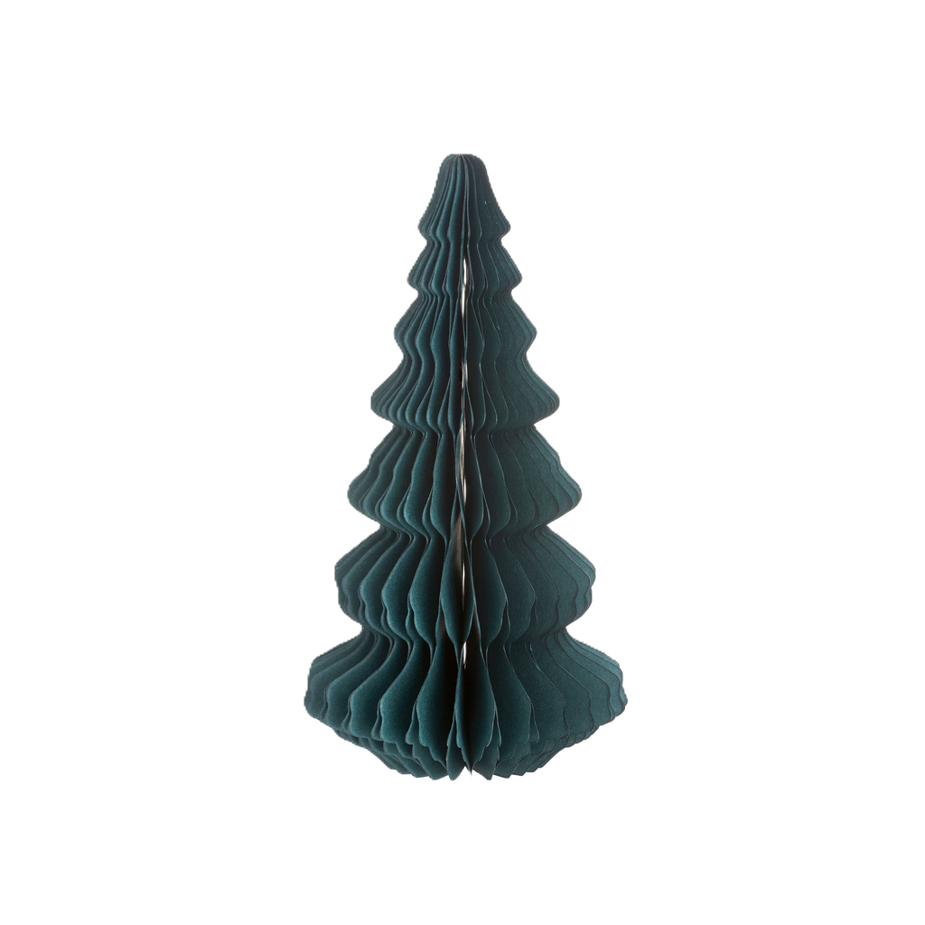 A green honeycomb patterned paper Christmas tree decoration with a natural jute string for hanging.
