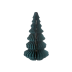 A green honeycomb patterned paper Christmas tree decoration with a natural jute string for hanging.