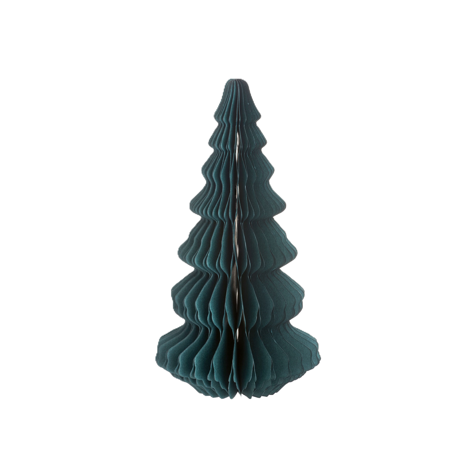 A green honeycomb patterned paper Christmas tree decoration with a natural jute string for hanging.
