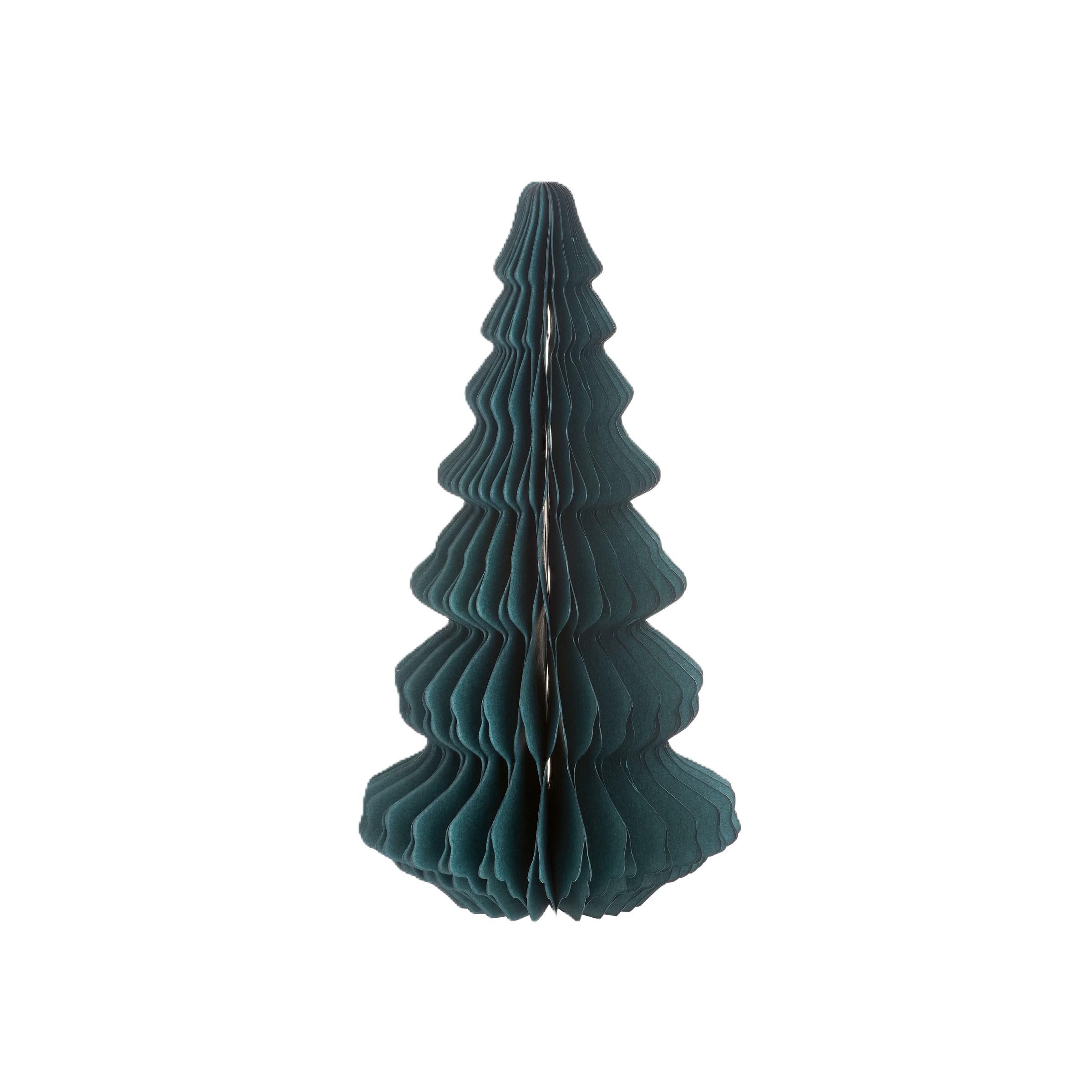 A green honeycomb patterned paper Christmas tree decoration with a natural jute string for hanging.