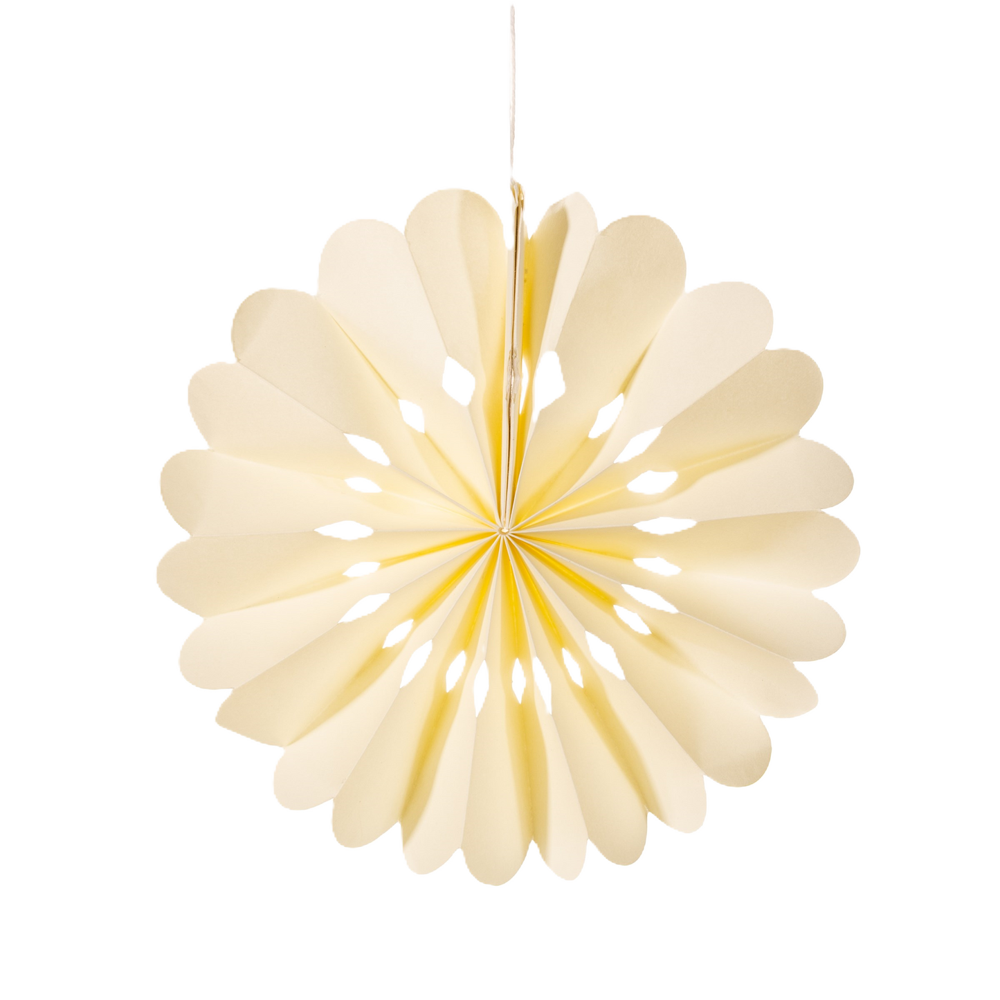 A white snowflake-shaped paper hanging decoration for Christmas.